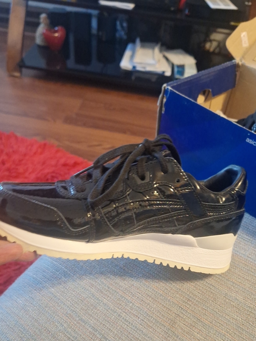 ASICSwomens Black Patent Leather Sneaker with White Sole